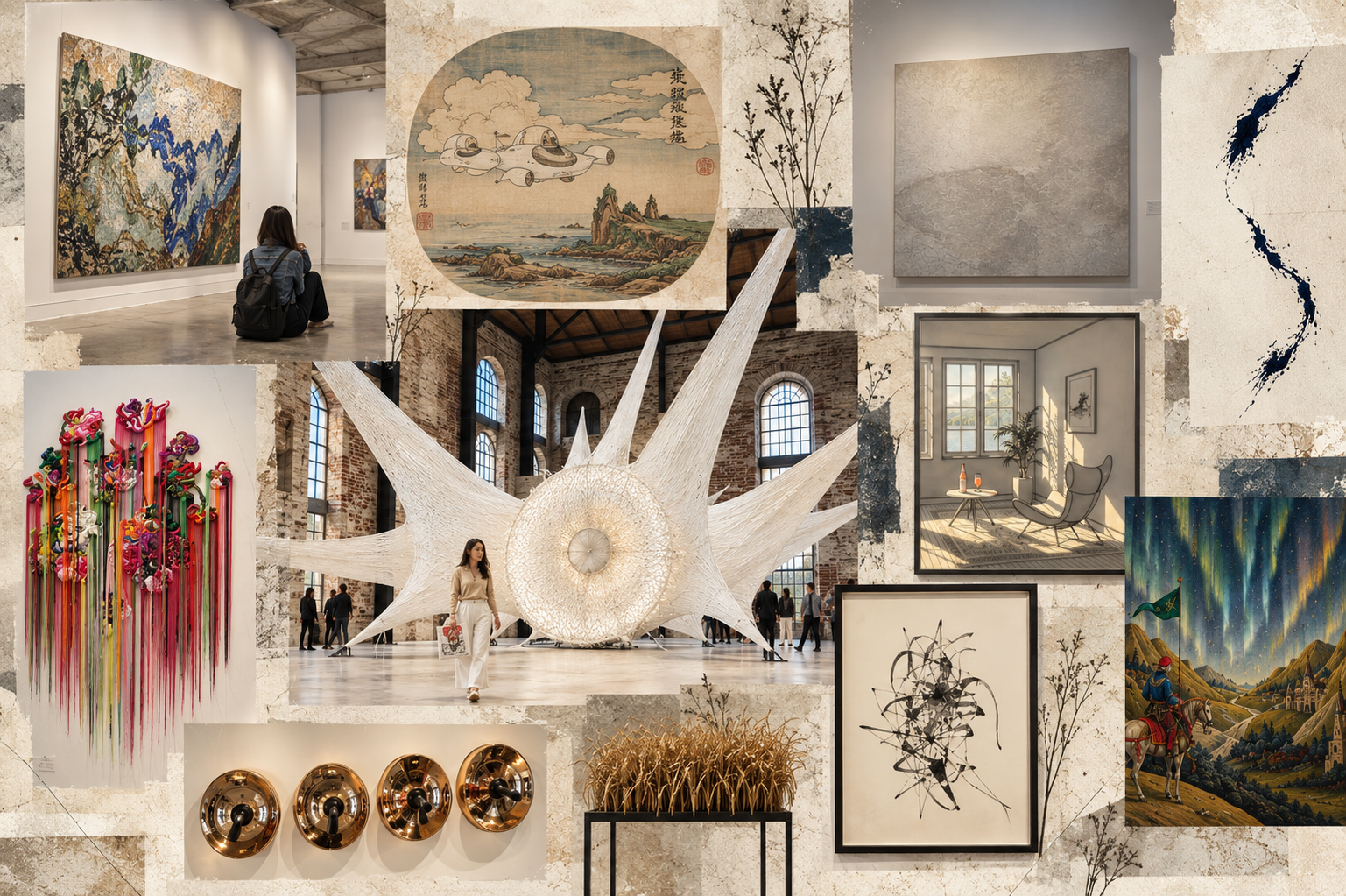 Collage of contemporary art from Contemporary Istanbul and Central Asian exhibitions: large textile installation, modern miniature painting, contemporary tapestry and ink works